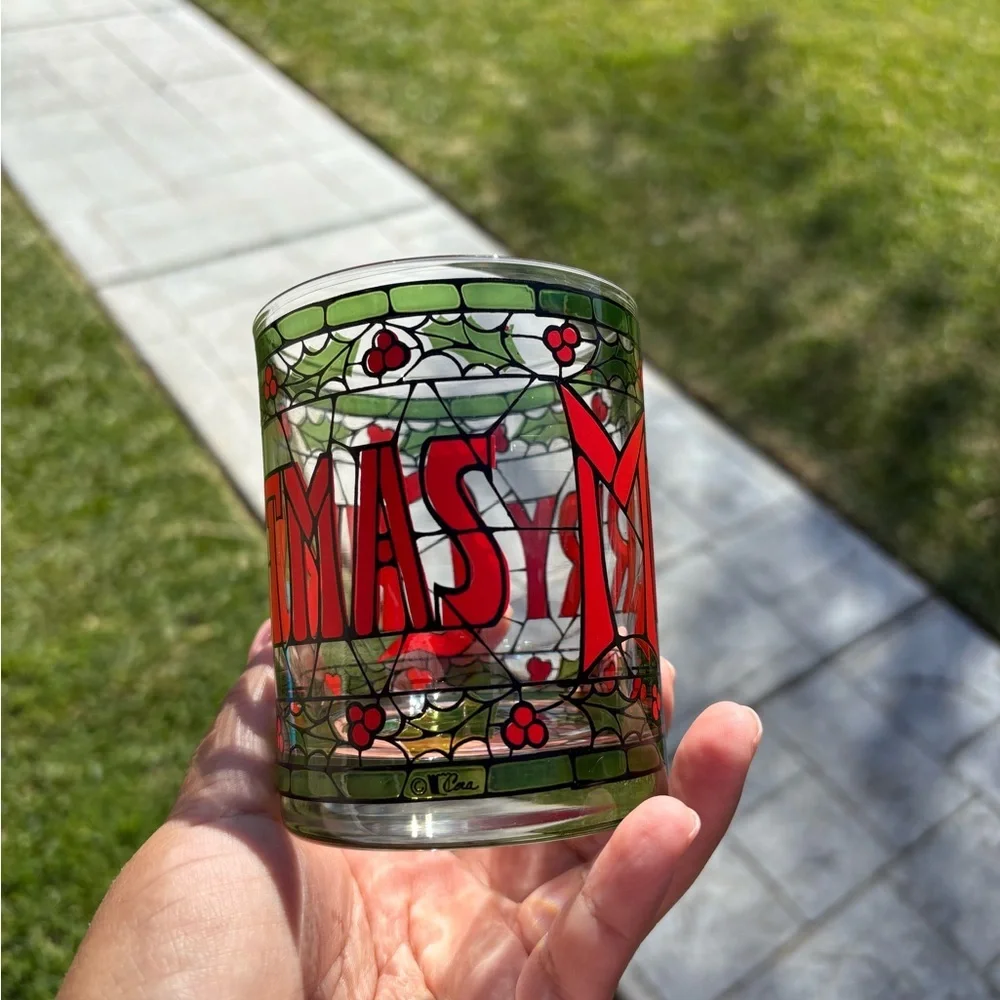 1970’s Cera Merry Christmas Holly Stained Glass Old Fashion Glasses Set of 4 EUC